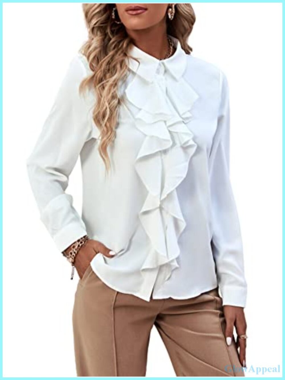 Women's Ruffle Front Long Sleeve Button Down Blouse